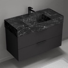 Floating Black Bathroom Vanity, Modern, 40 inch, Black Marble Style Sink